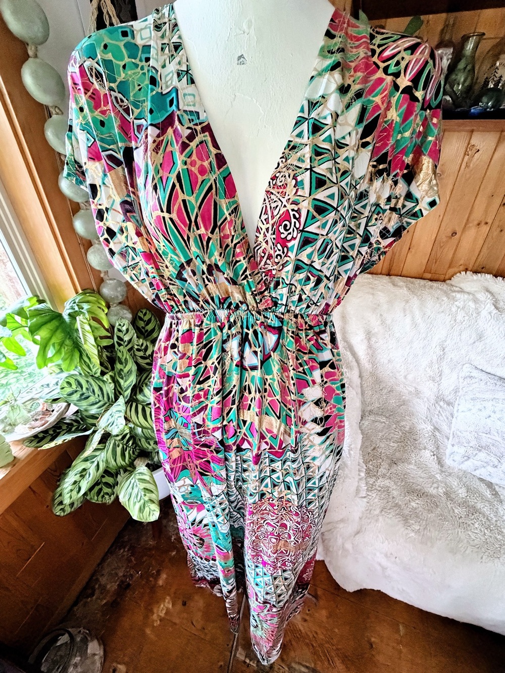 Colorful Metallic Gold Geometric Boho Maxi Swim Cover Up Dress gorgeous! M/L